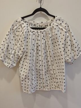 LOFT White Blouse Black Square Dot Embroidery Medium Whimsy Boho Cottage Summer